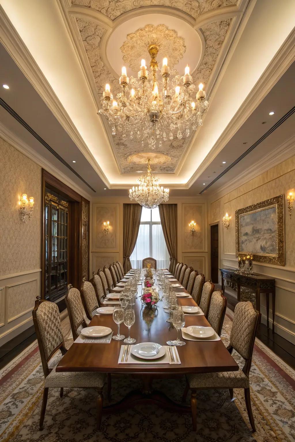An opulent dining area featuring a tray ceiling and an impressive chandelier.