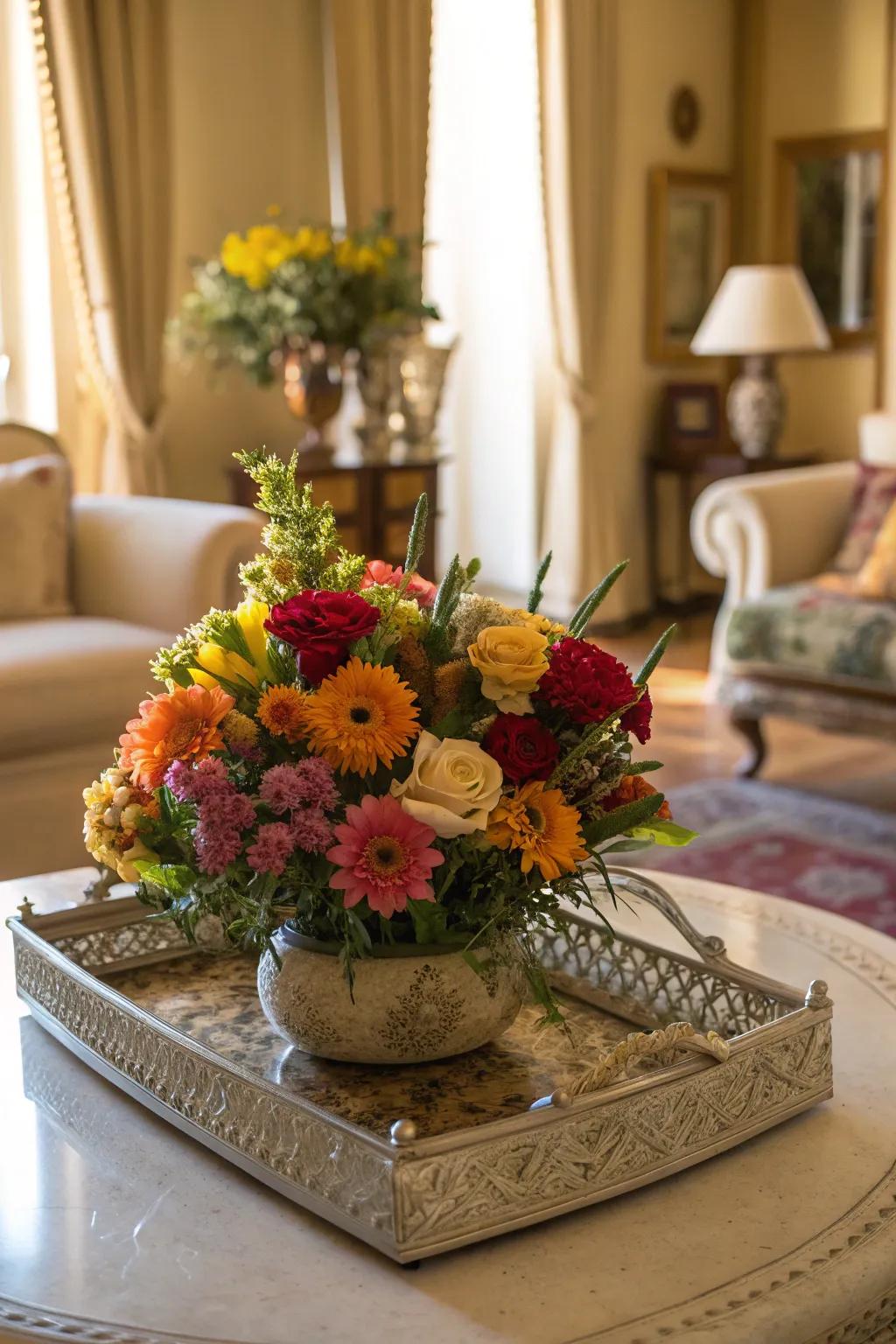 A sunlit area enhanced by a vibrant floral presentation.
