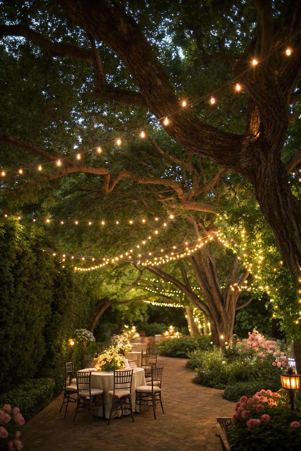 A light-draped umbrella offers a captivating eating experience.