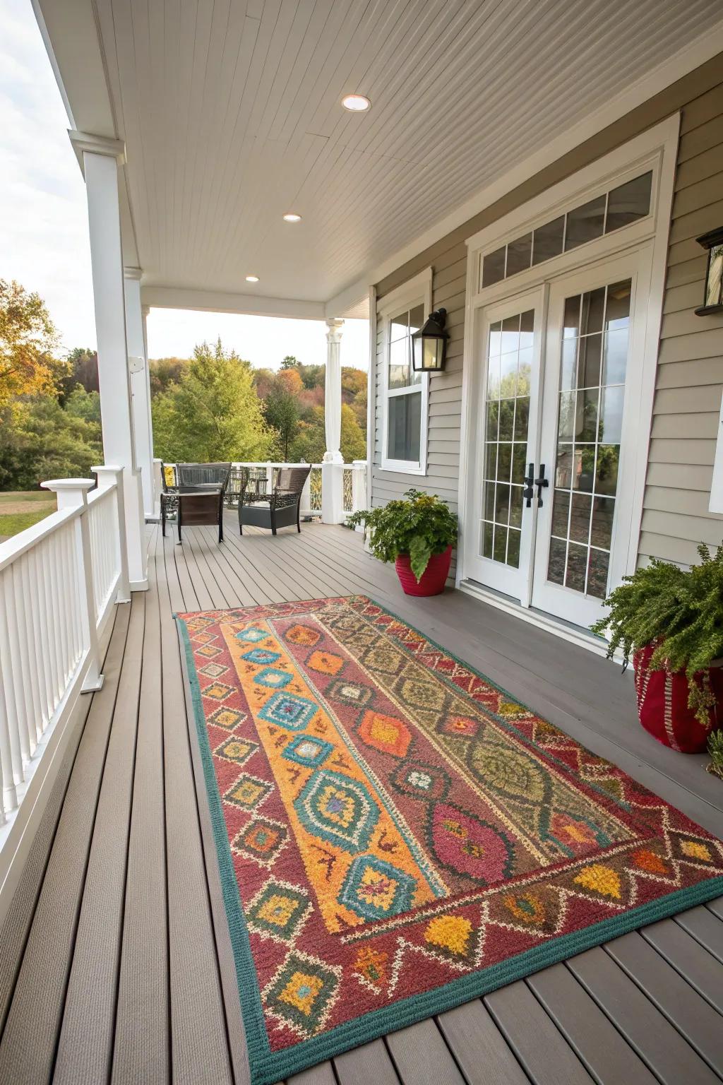 Bestow warmth upon your porch with a vibrant outdoor carpet.