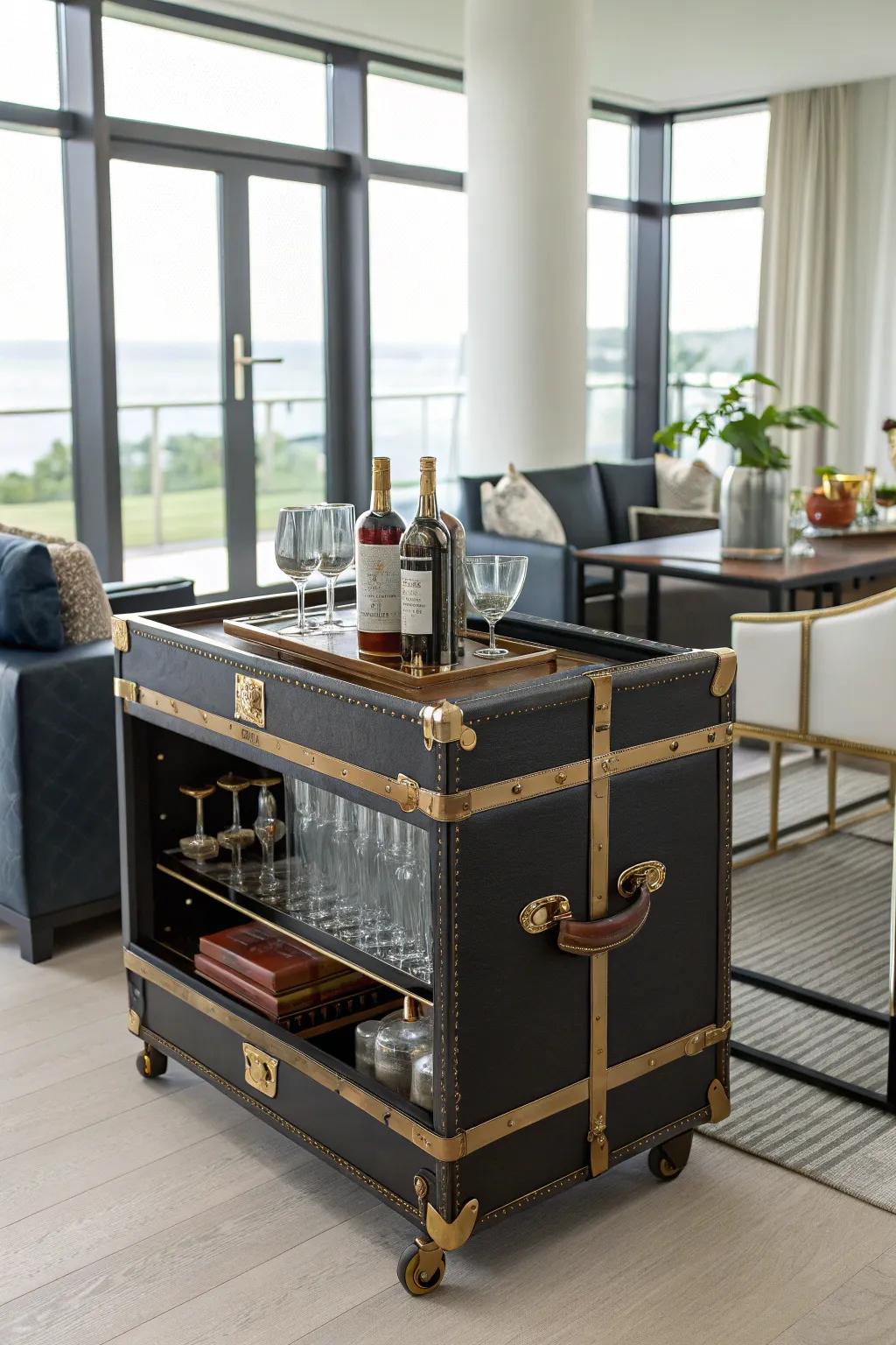 A vintage trunk reborn as a bar trolley introduces a dash of refinement to your entertainment endeavors.