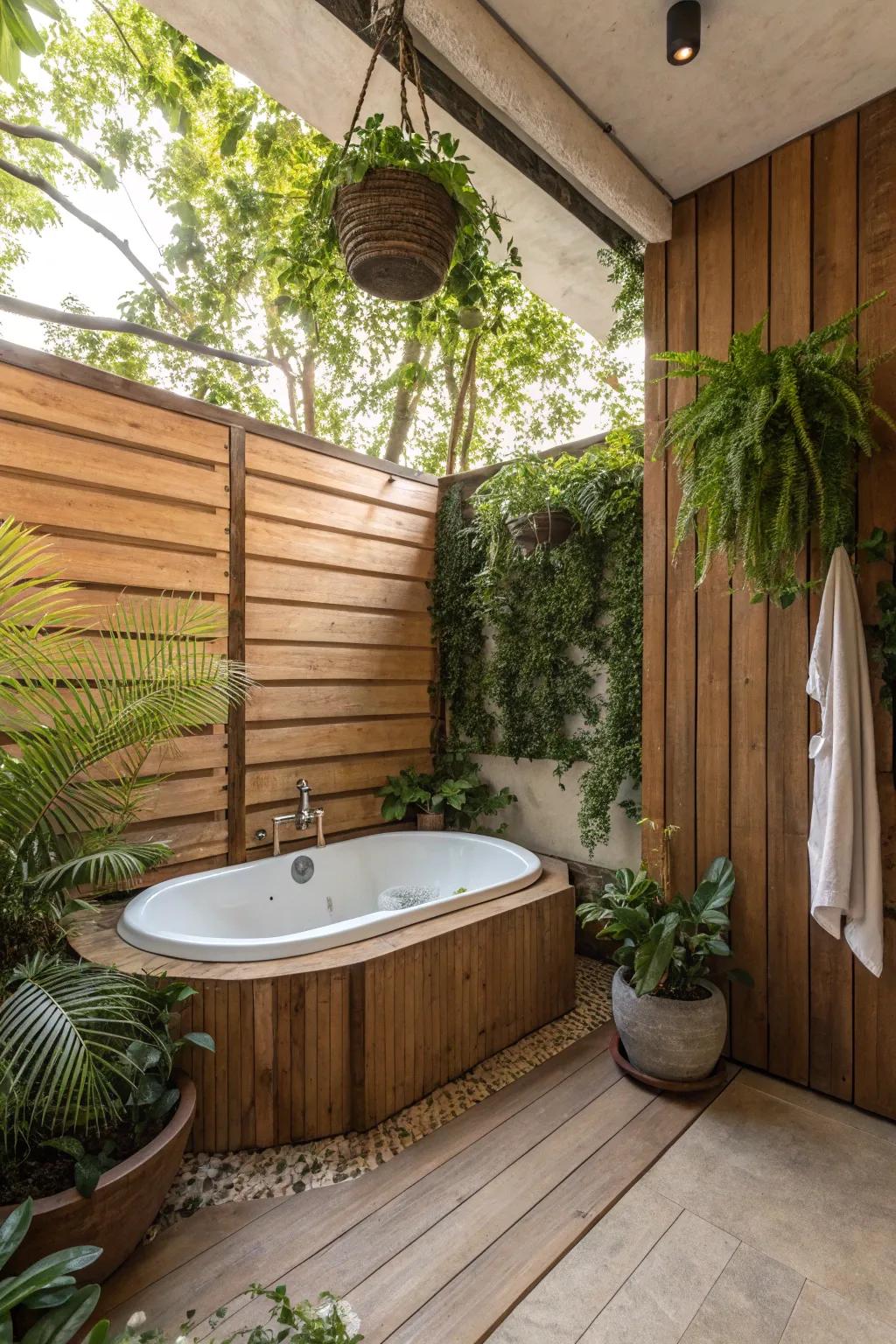Timber and vegetation fashion a comfortable and enticing atmosphere surrounding the tub.