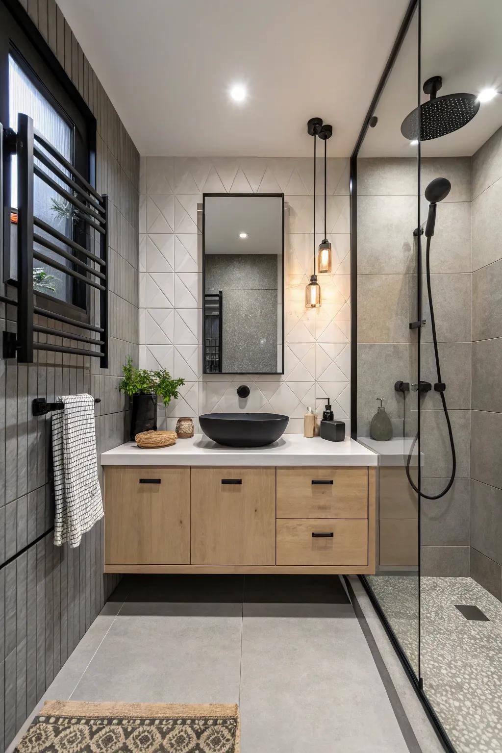Sleek, modern fixtures in matte black enhance a chic bathroom design.