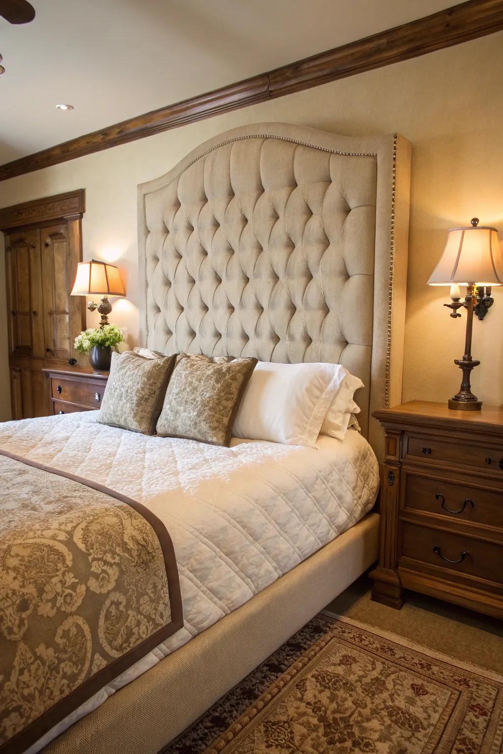 A classic bedroom showcases a button-tufted headboard.