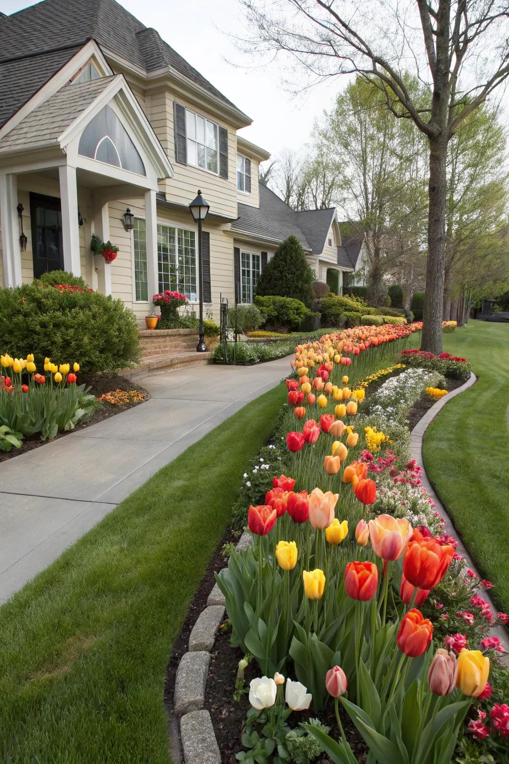 A front yard adorned with tulips, offering an inviting and colorful welcome.