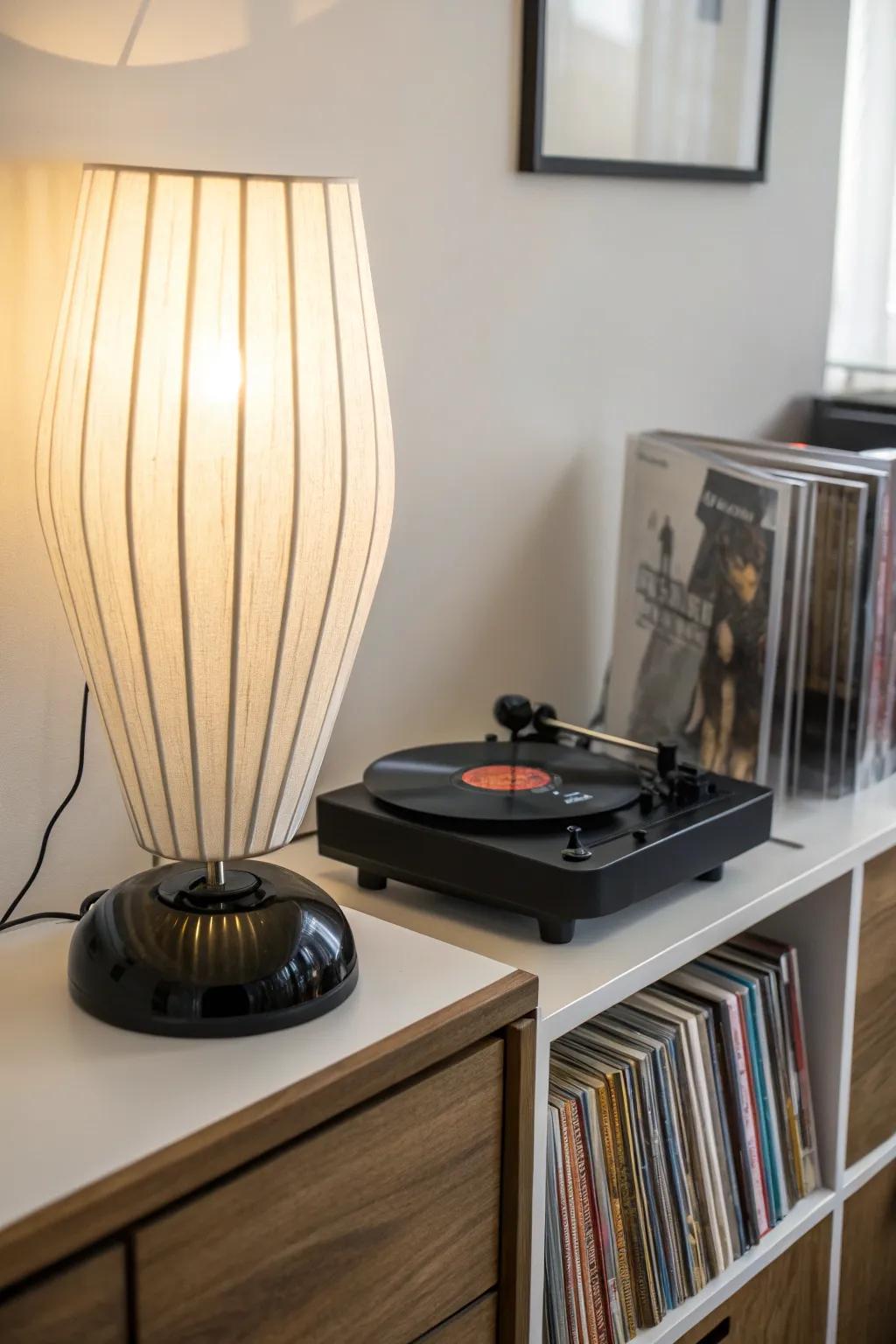 Simple light fixture complementing a modern record player.