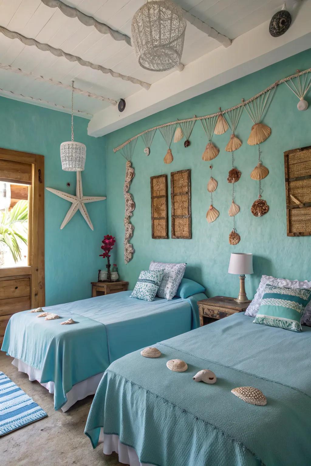 Inspired by oceanic themes, this bedroom undergoes a transformation into an idyllic seaside haven.