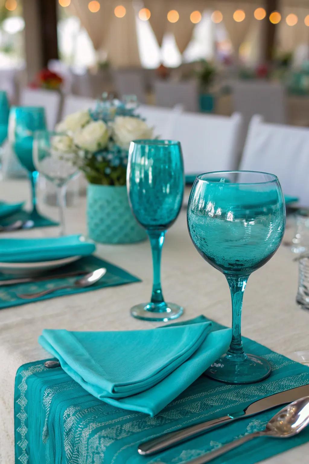 Glassware with teal tints introduces understated refinement and appeal.