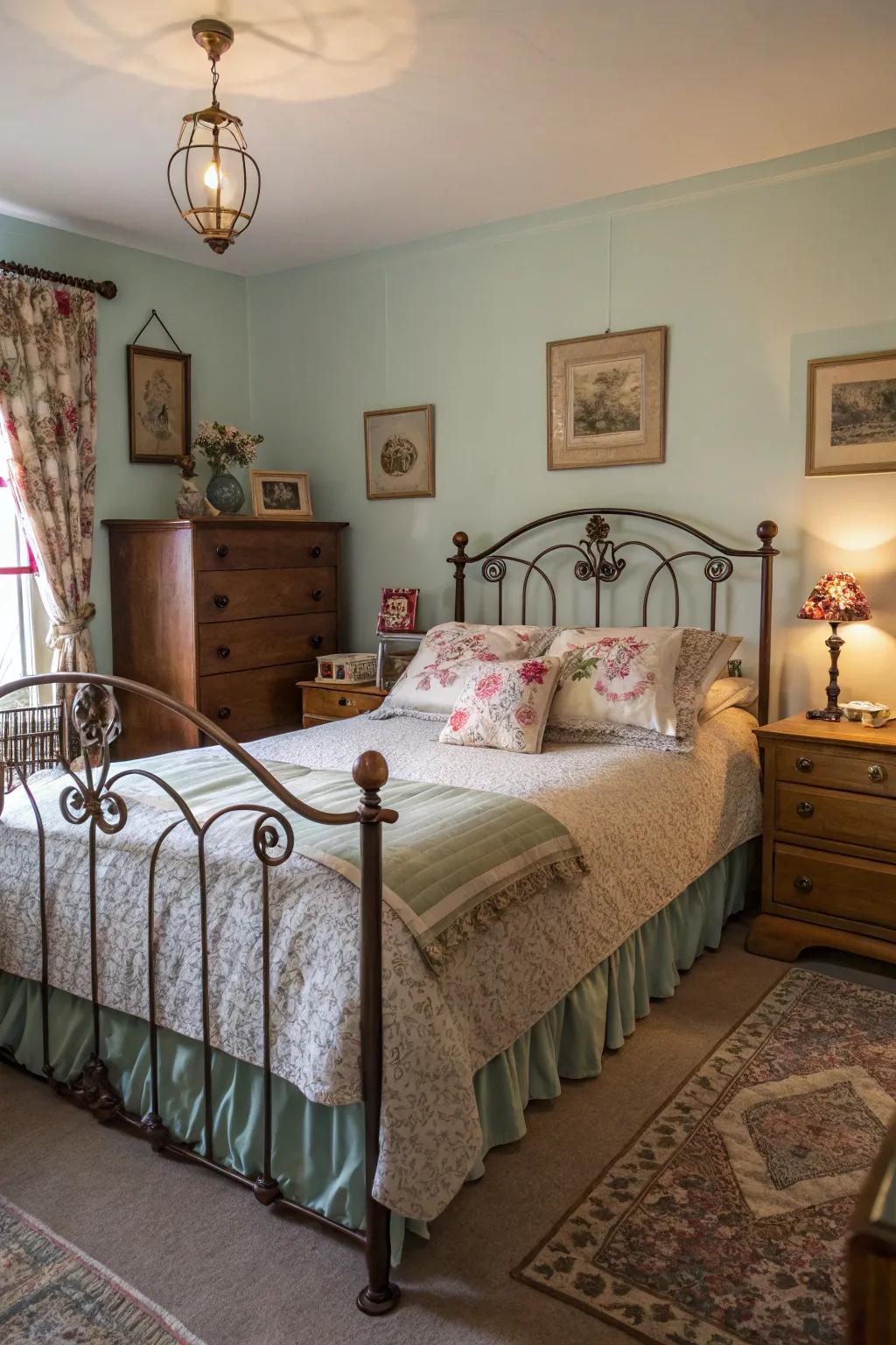 Vintage furnishings imbue your bedroom with timeless appeal.