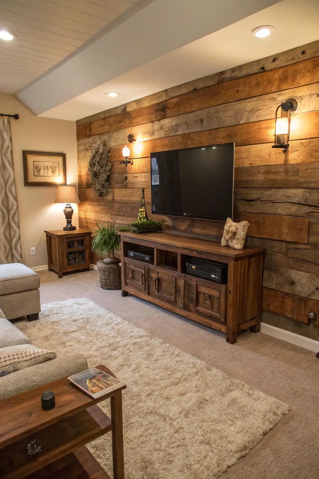 Reclaimed timber introduces rustic charm to this TV feature wall, fostering a warm and inviting atmosphere.