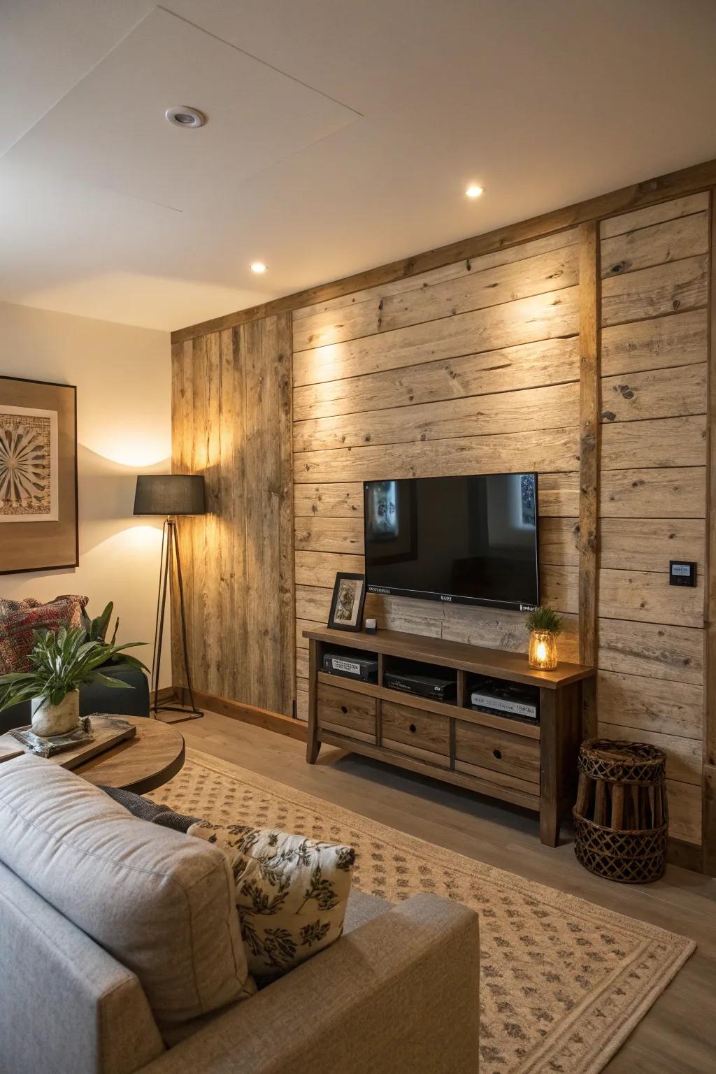 A television gracefully mounted on a textured wooden wall panel.