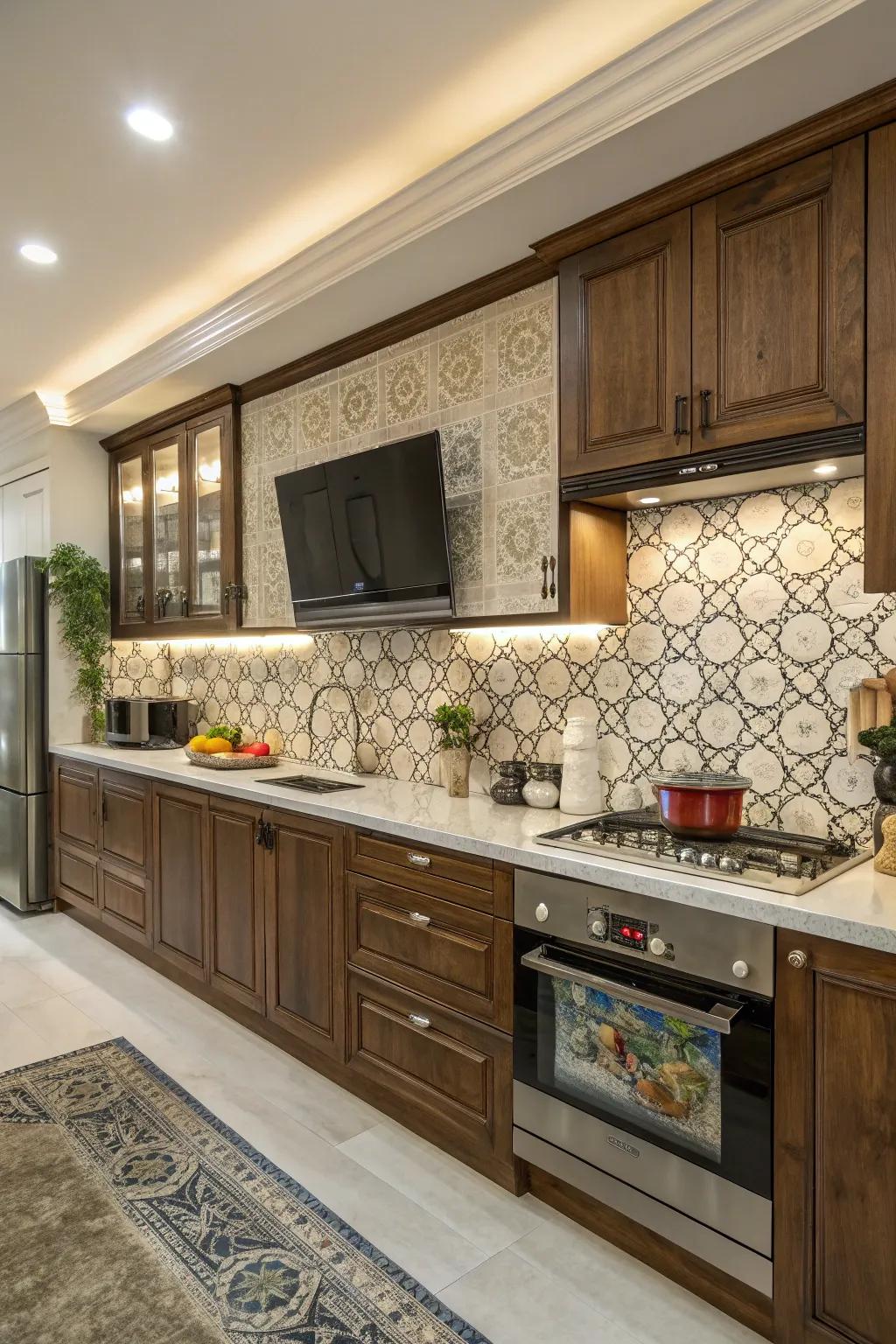 A cooking area where a panel display enhances both modern and time honored styles.