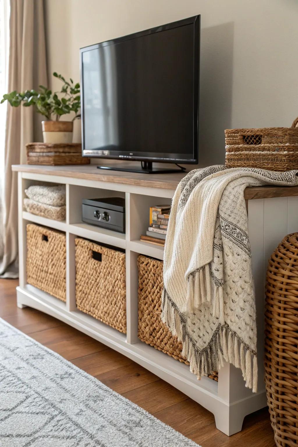 Mixing textures enriches and warms TV stand décor.