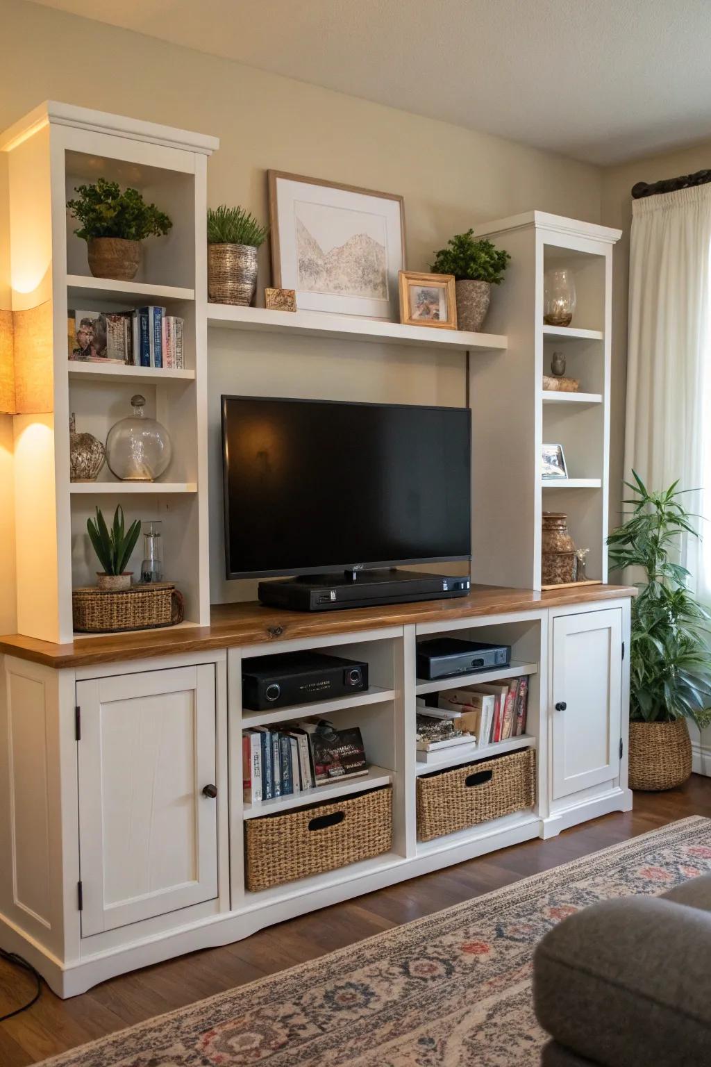 The ideal mix of visible and hidden storage for a neat TV area.