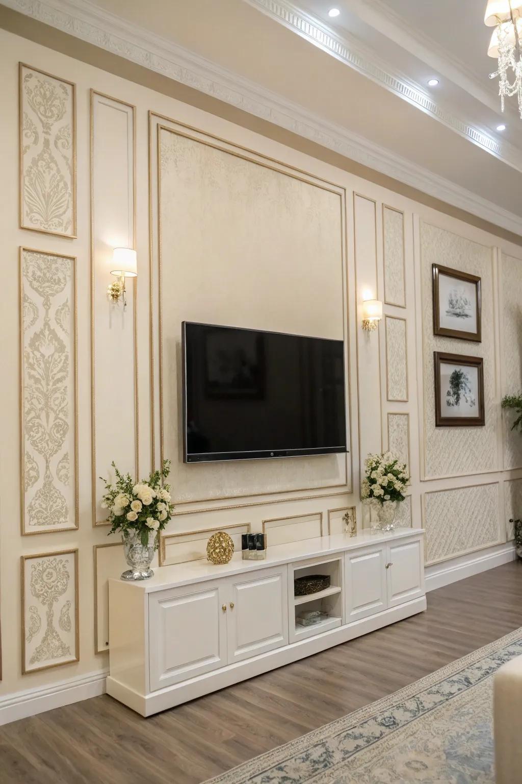 Neutral shades foster a serene and sophisticated entertainment wall.