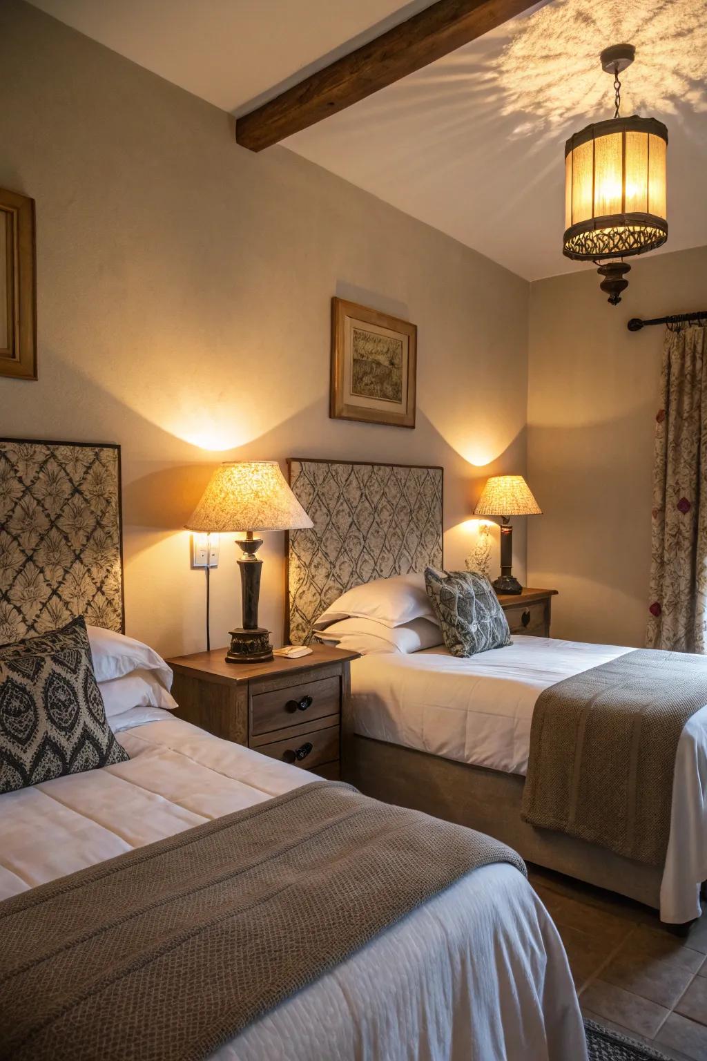 Stylish lighting enhances the cozy atmosphere of the twin room.