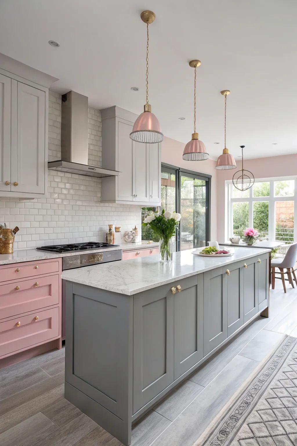 A chic slate gray and blush pink kitchen that’s both snug and modern.