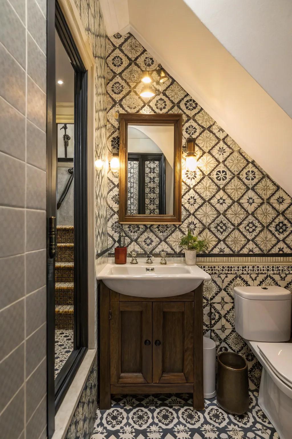 A restroom under the staircase showcasing a bold tile design and an eye-catching mirror.