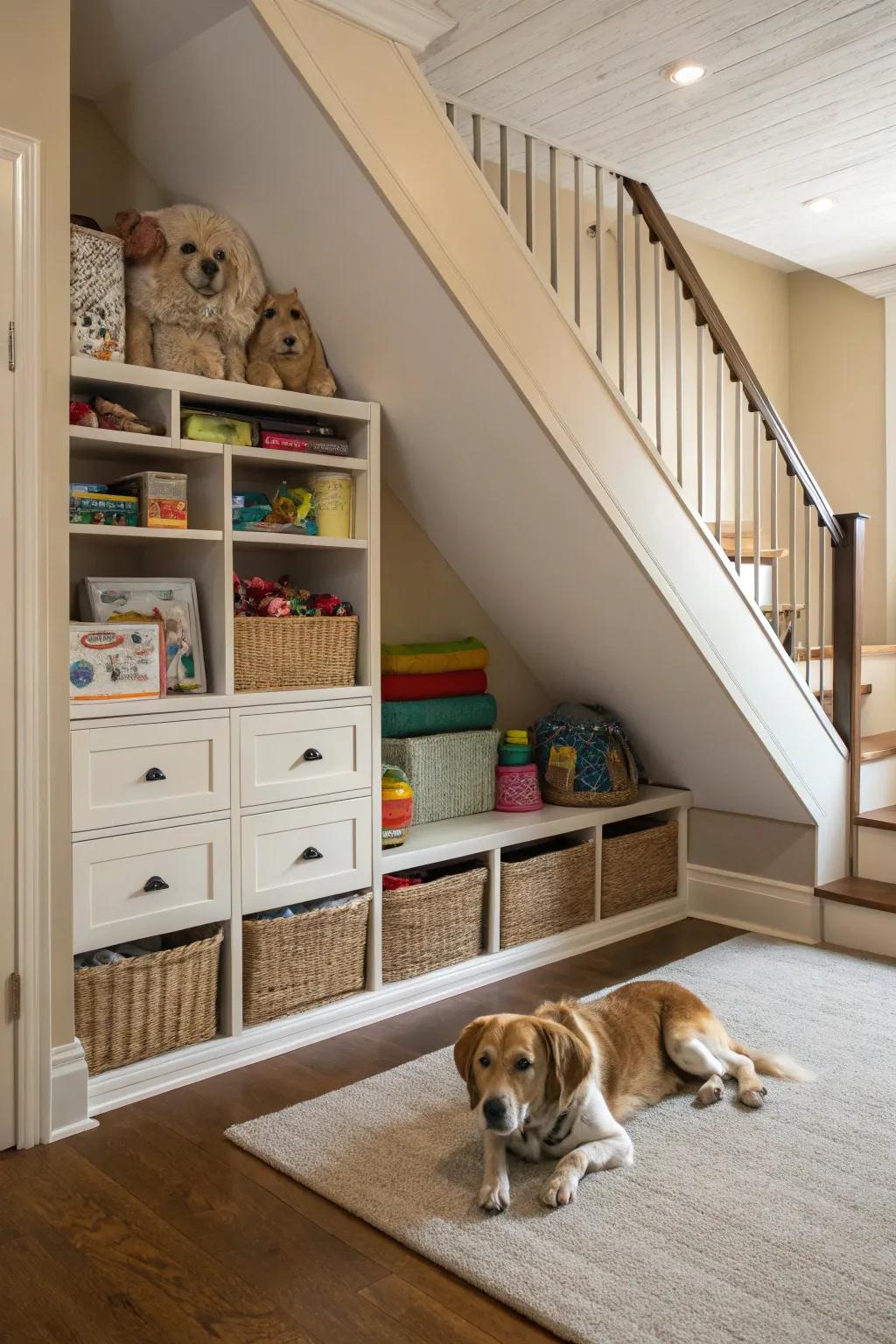 Maintain order for your pet's essentials with ingenious storage implementations.