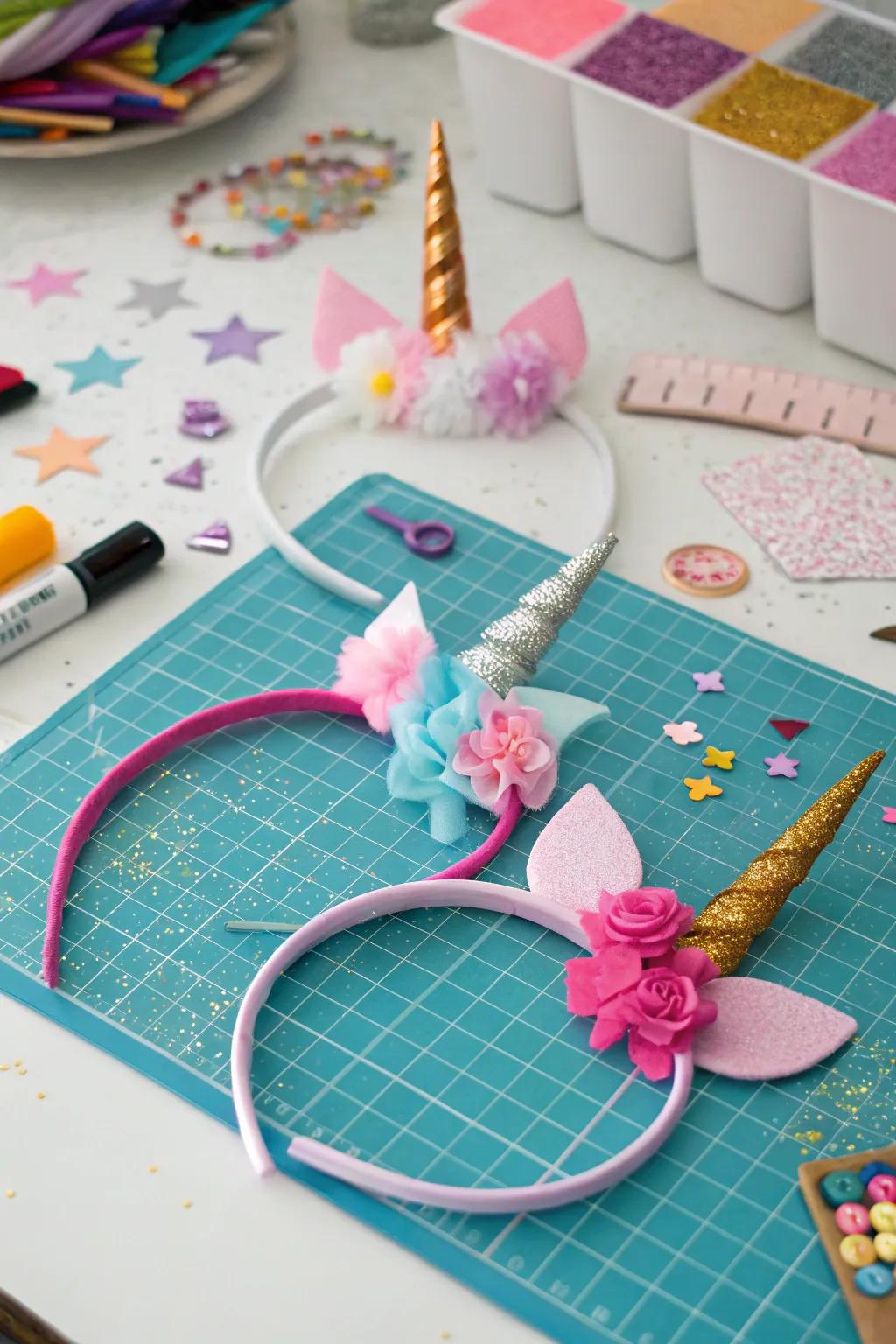 DIY unicorn tiaras primed for diminutive attendees to adorn.