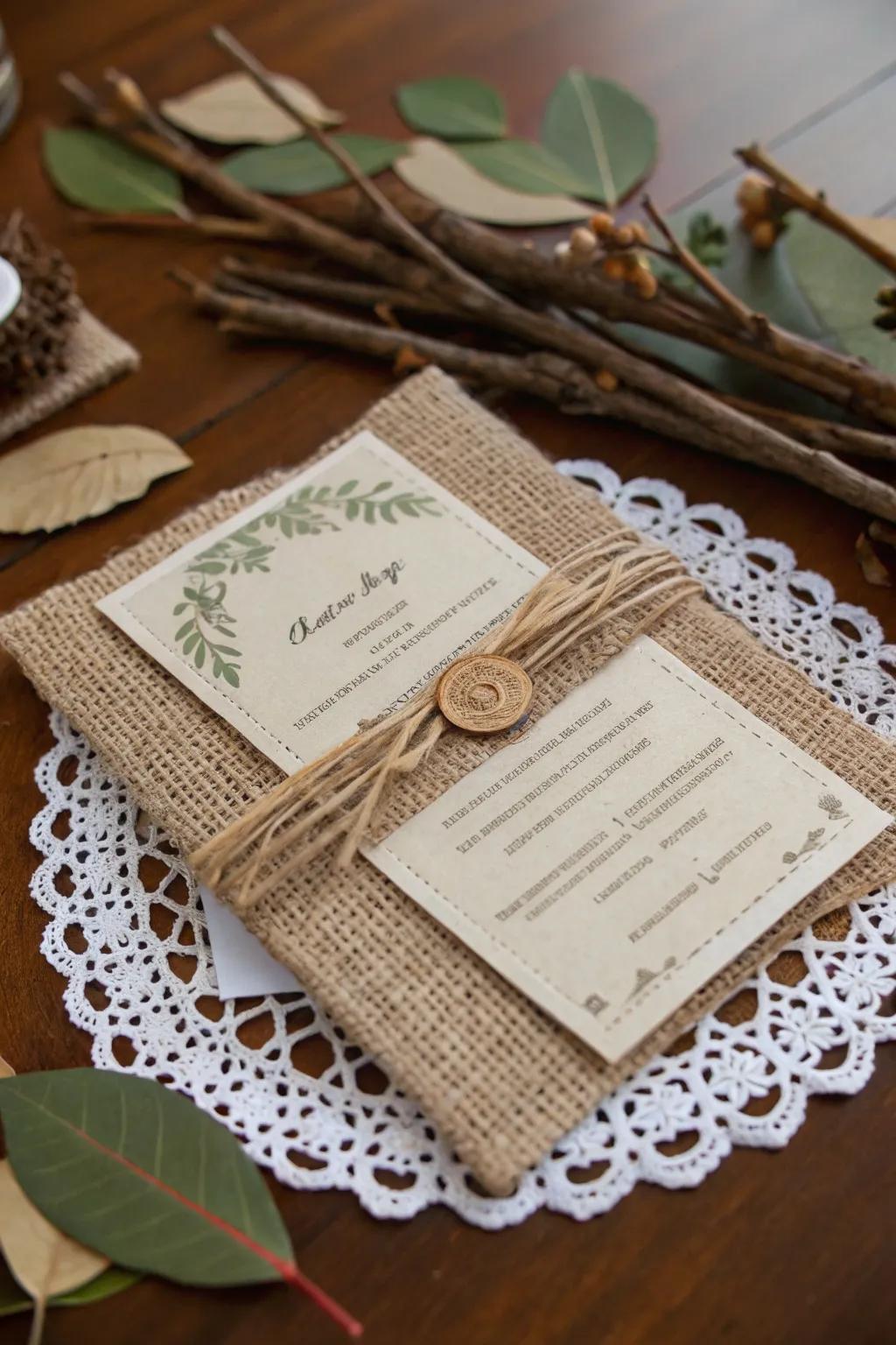 Burlap imparts a rustic character to wedding invitations.