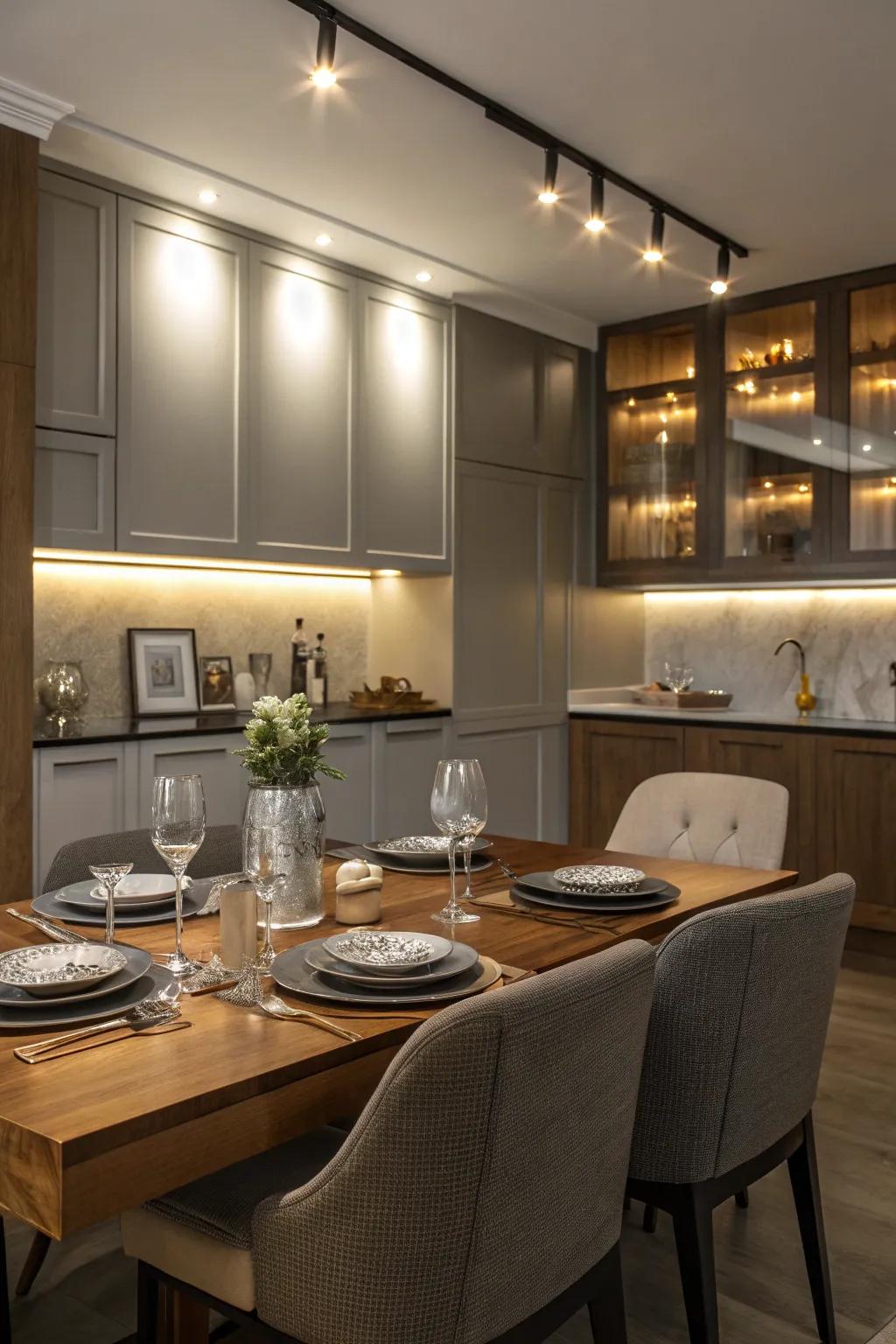 Beams inject a sophisticated radiance into the dining section.