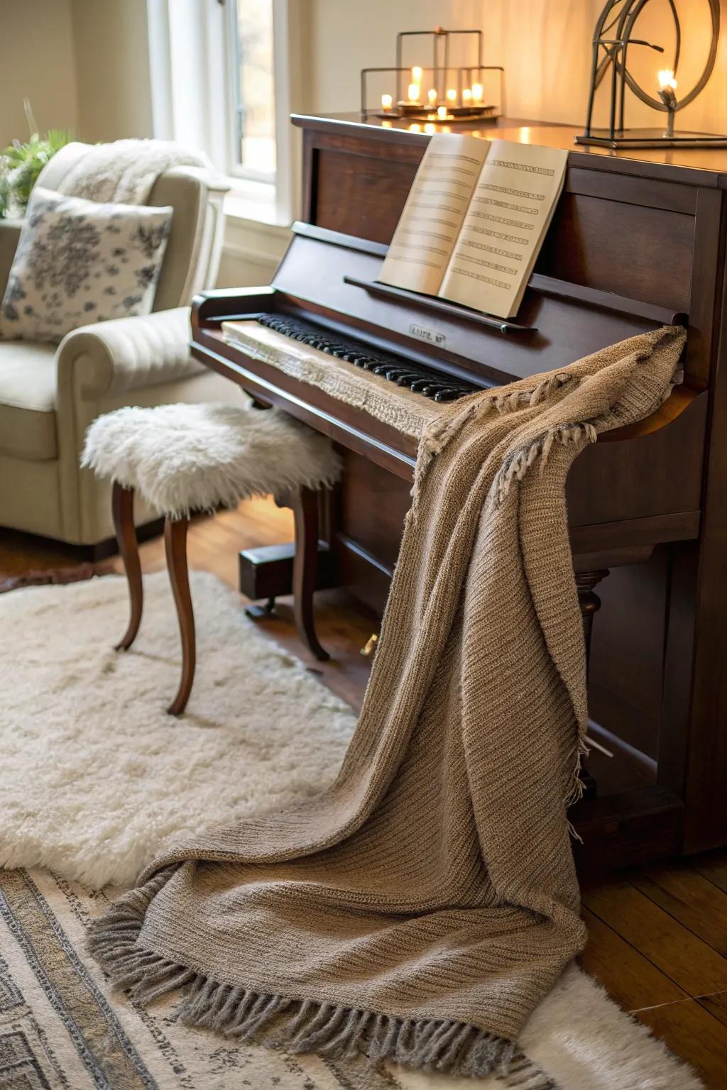 A relaxed setting featuring an upright piano, cozy throw blanket, and faux fur rug.