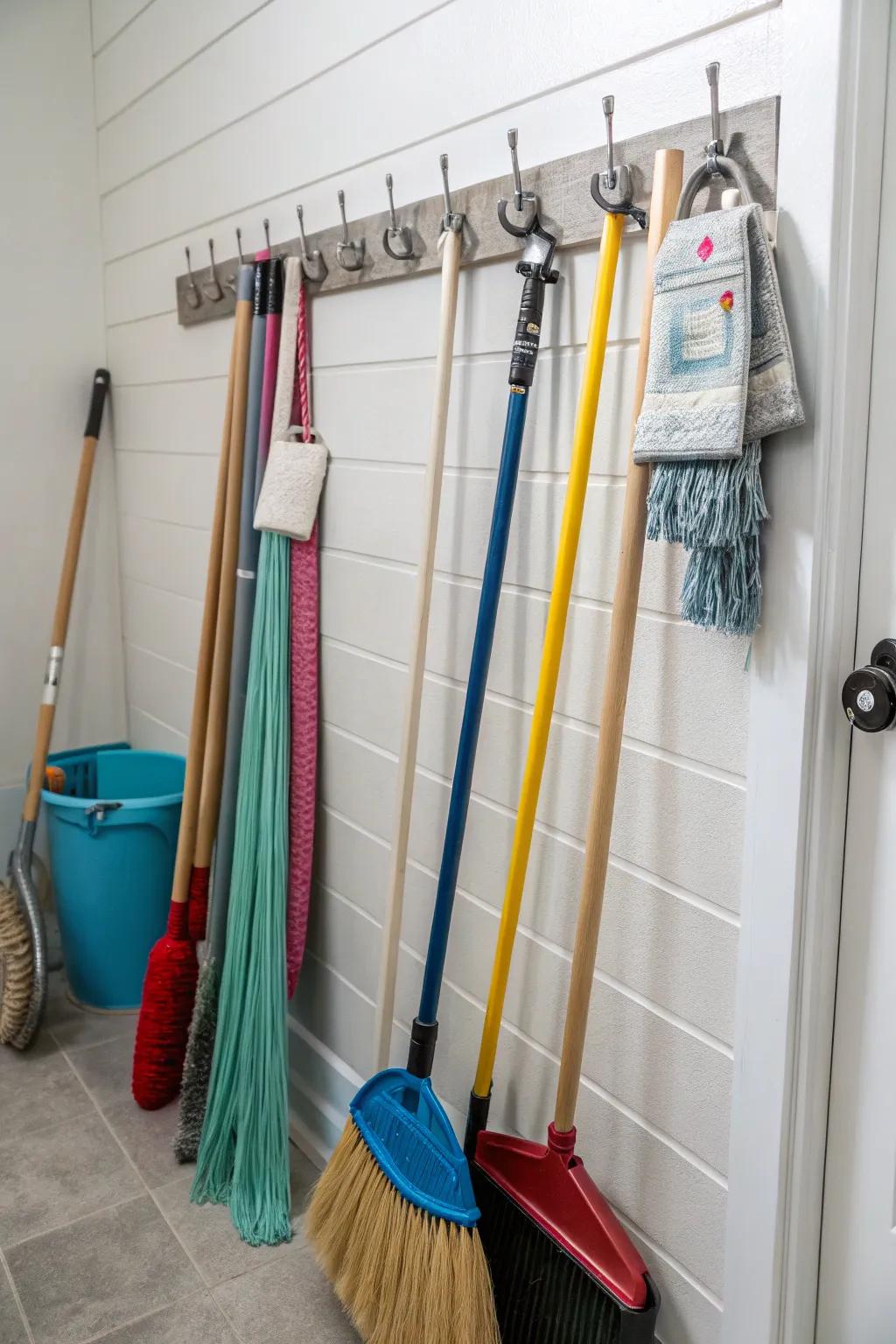 Hangers are a handy storage solution for long-handled cleaning tools.