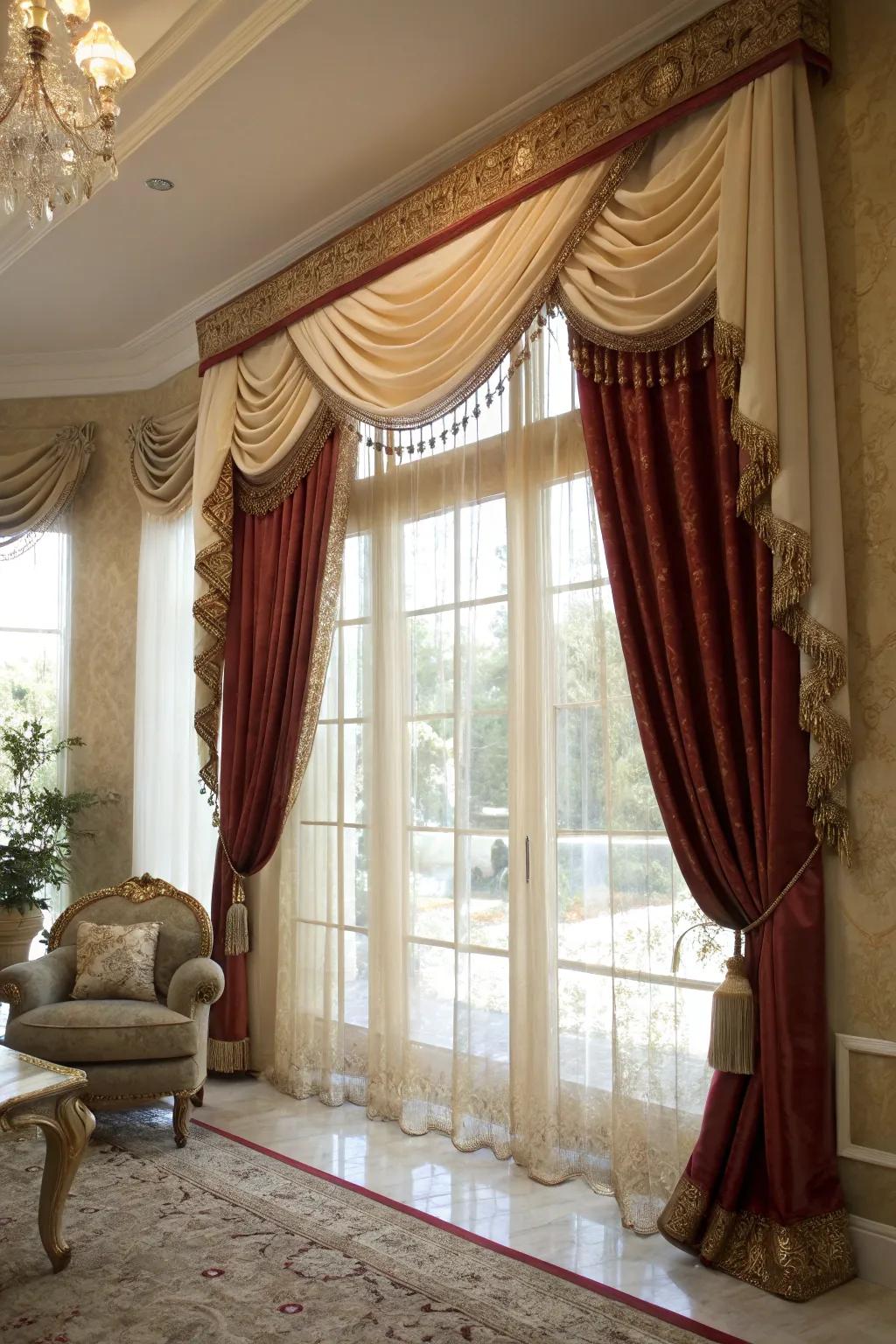 A window displaying a layered felt and silk topper in an elegant sitting room.