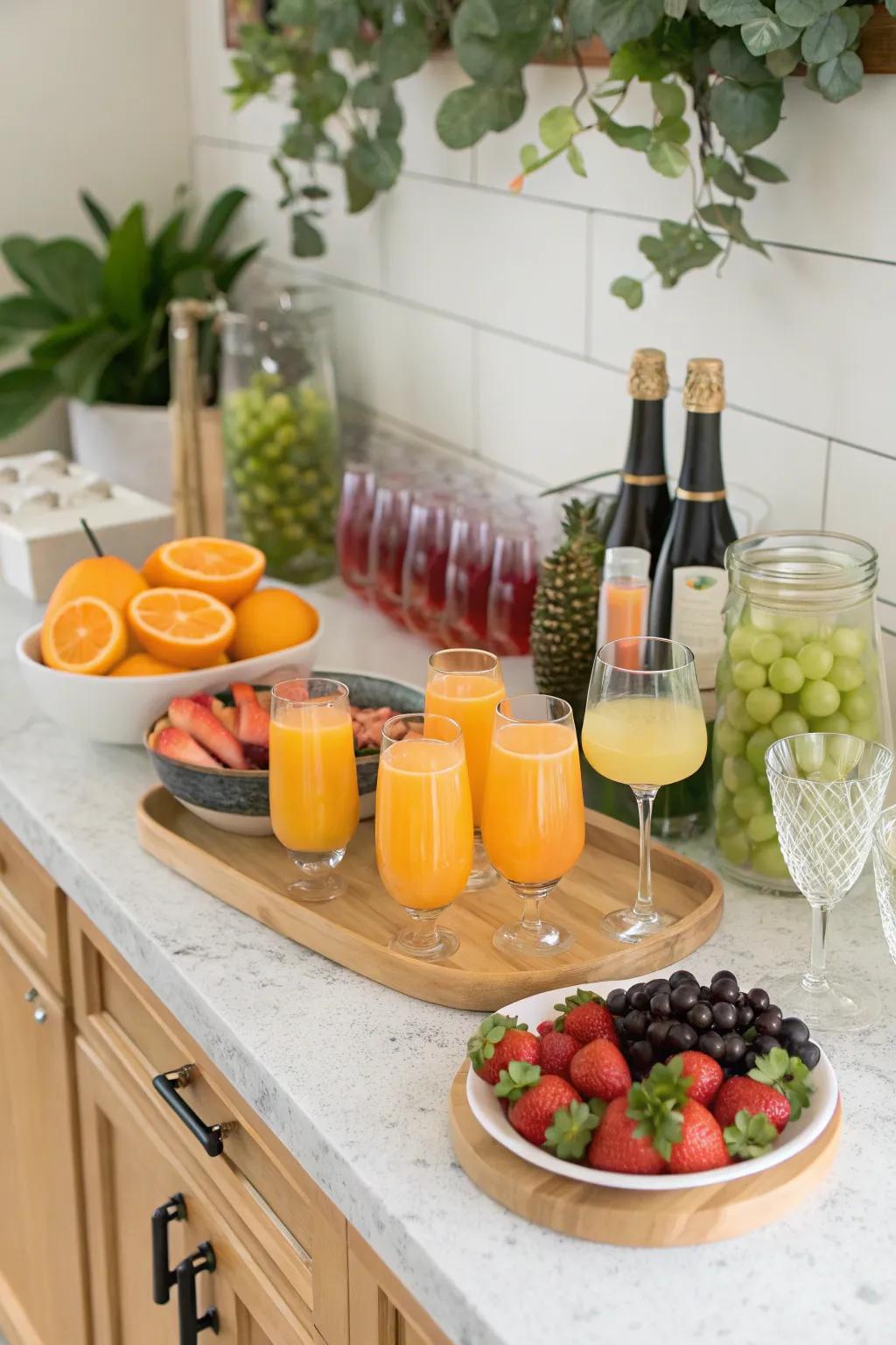 A lively and engaging mimosa bar showcasing a variety of juices and fruits.