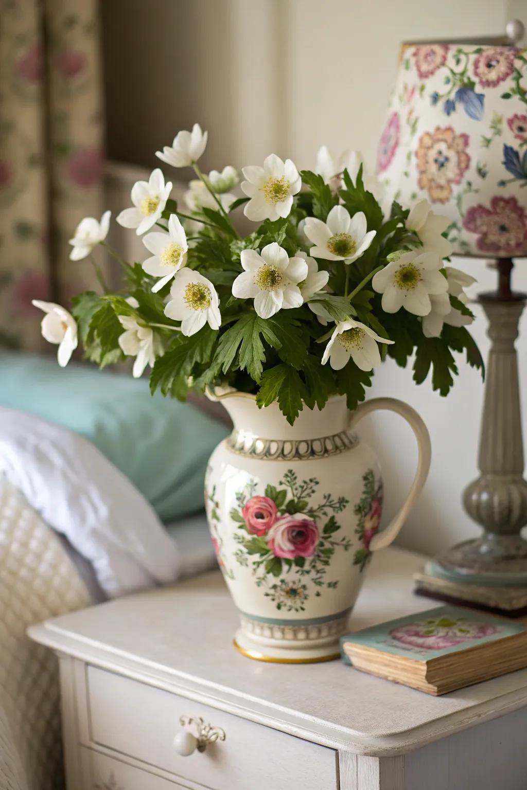 Charming windflower bouquet incorporating caprice to a bedroom.
