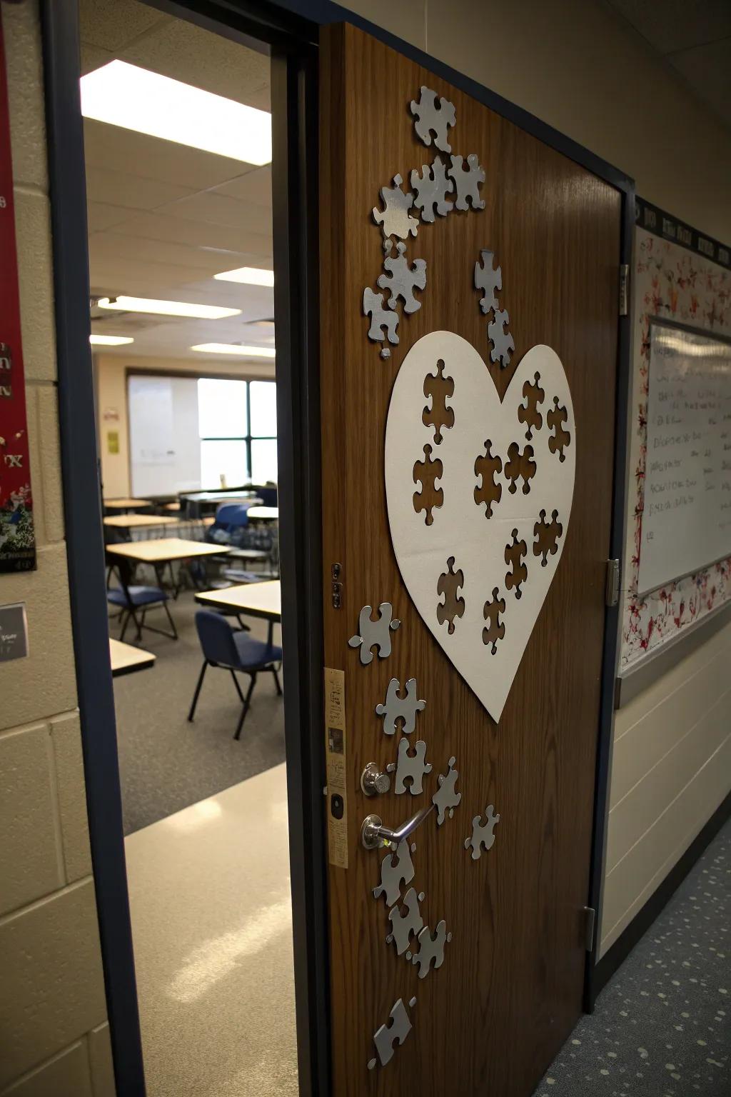 A classroom door featuring a heart-shaped puzzle, with each piece representing a student.