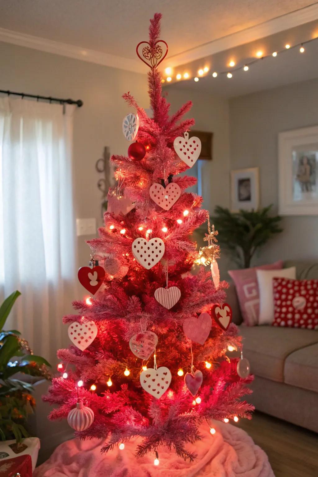 Repurpose your holiday tree into a Valentine's Day masterpiece with themed decorations.