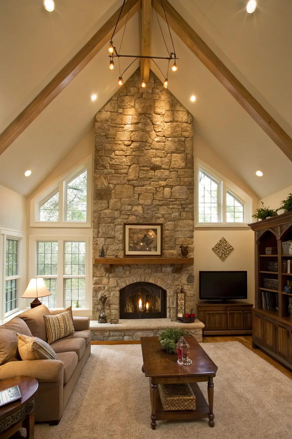 Living room featuring a vaulted ceiling and stone hearth as part of the accent wall