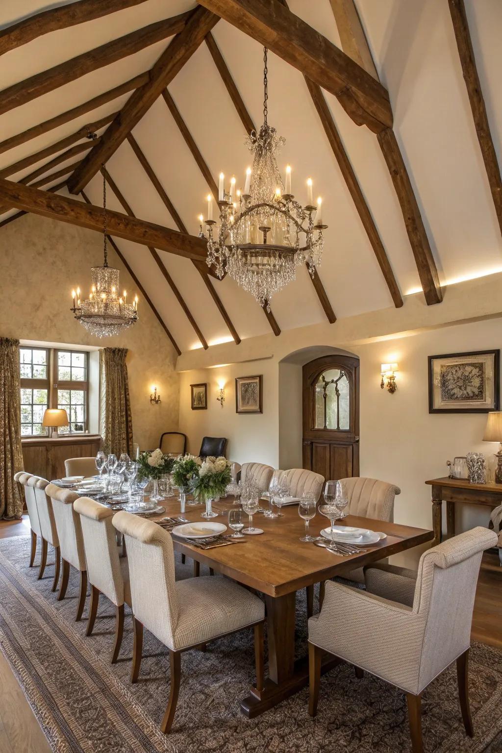 Natural elegance with exposed timber beams on a vaulted ceiling.