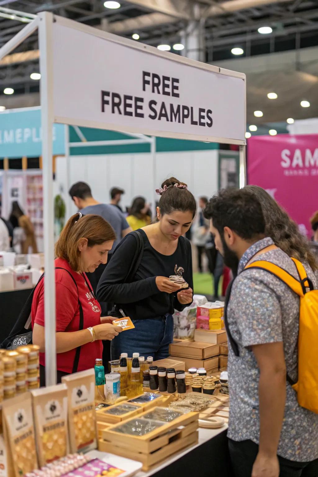 Free samples luring shoppers towards the booth.