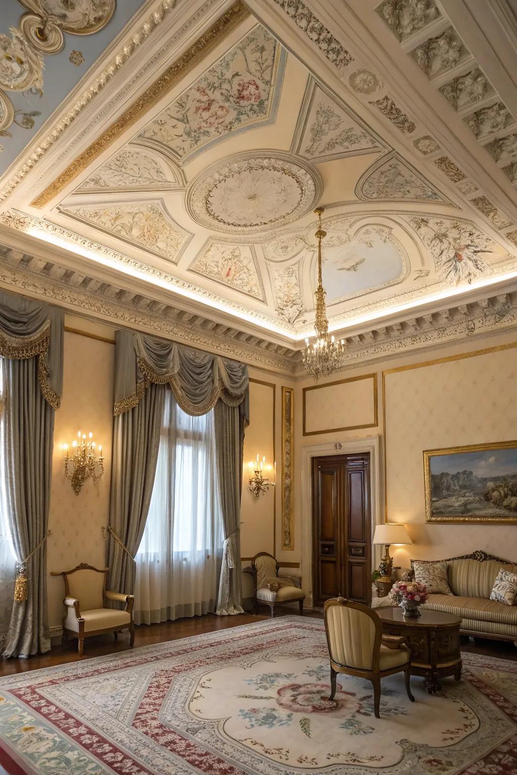 A decorated ceiling imparting refinement and visual fascination.