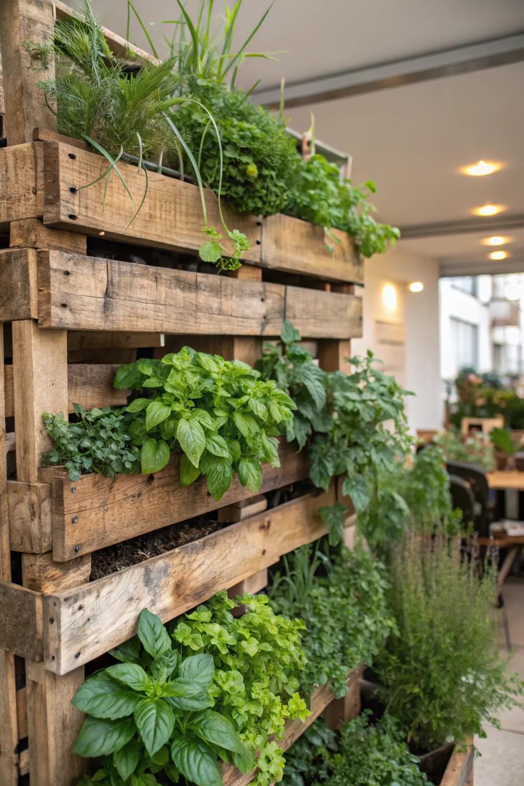 A handcrafted pallet garden brimming with fresh herbs.