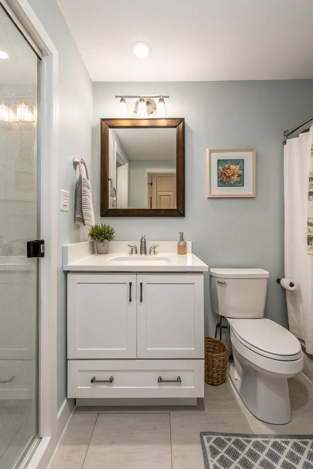 A floating vanity adds refinement and frees up floor area.