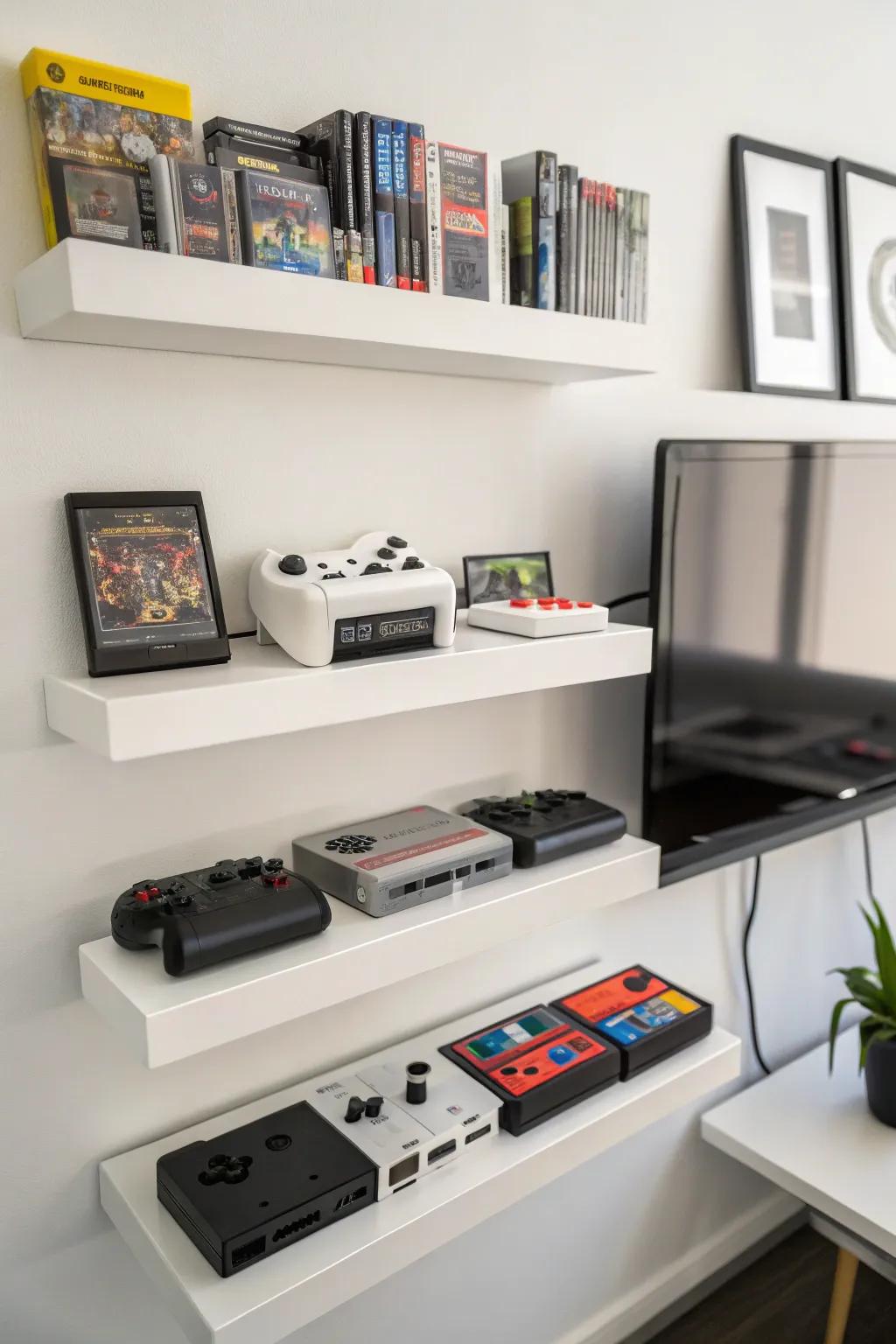 Suspended shelves presenting a minimalist display intended for video games.