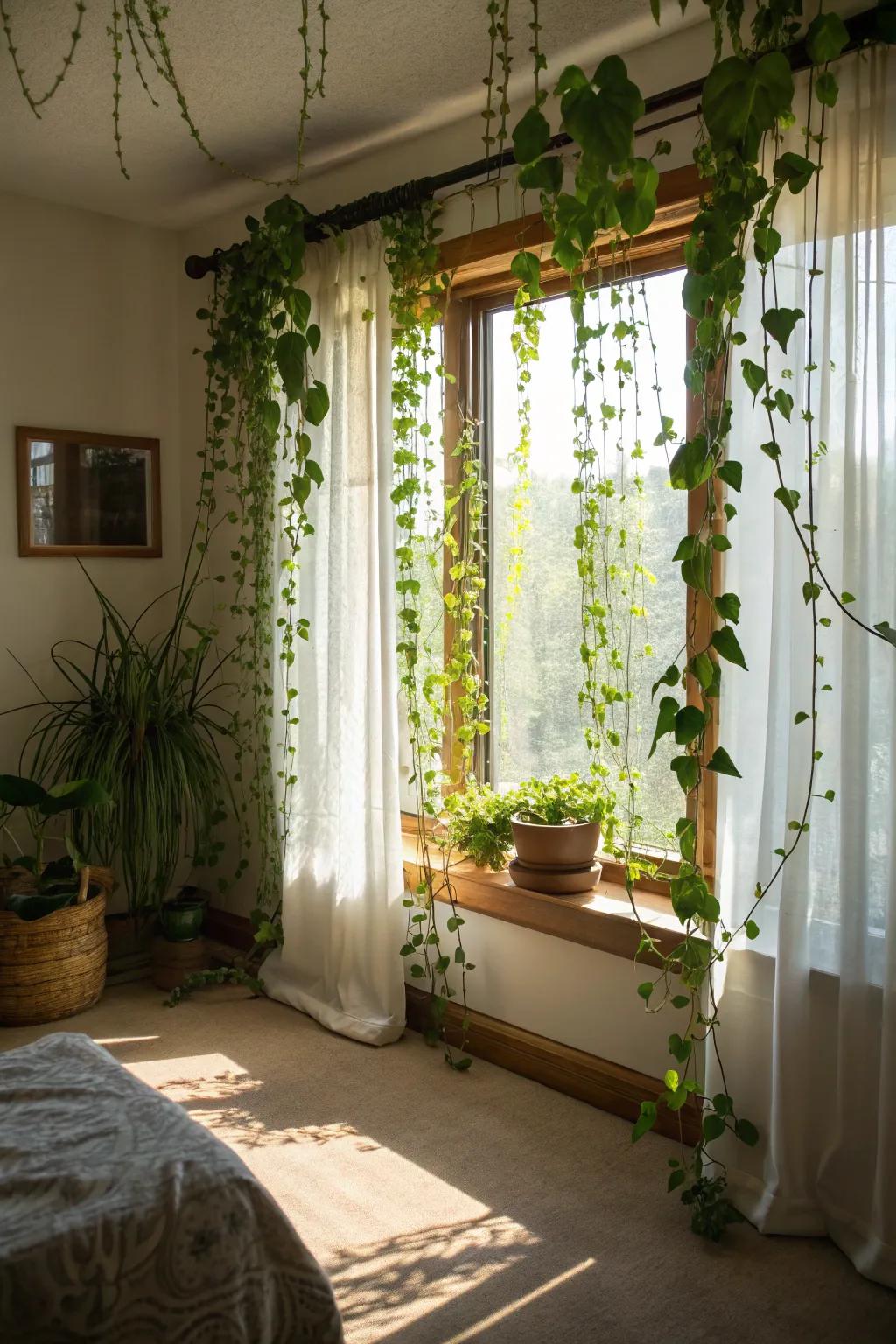Highlight your windows with a window treatment of vines for a revitalizing aesthetic.