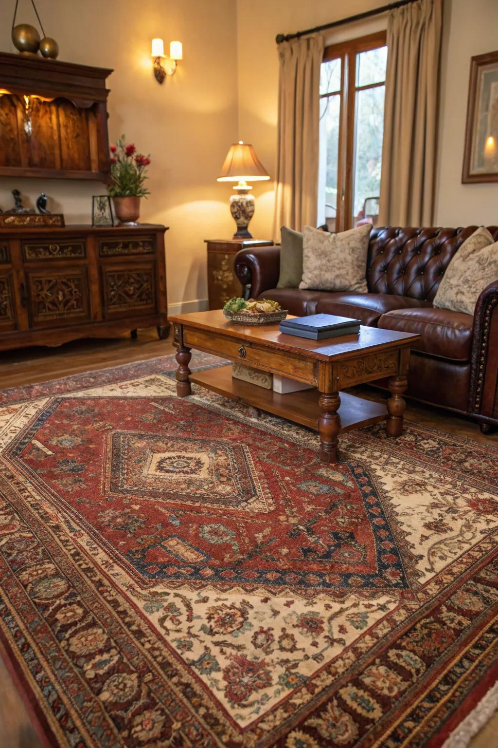 An era continental rug introduces heat and lushness to the main living area.