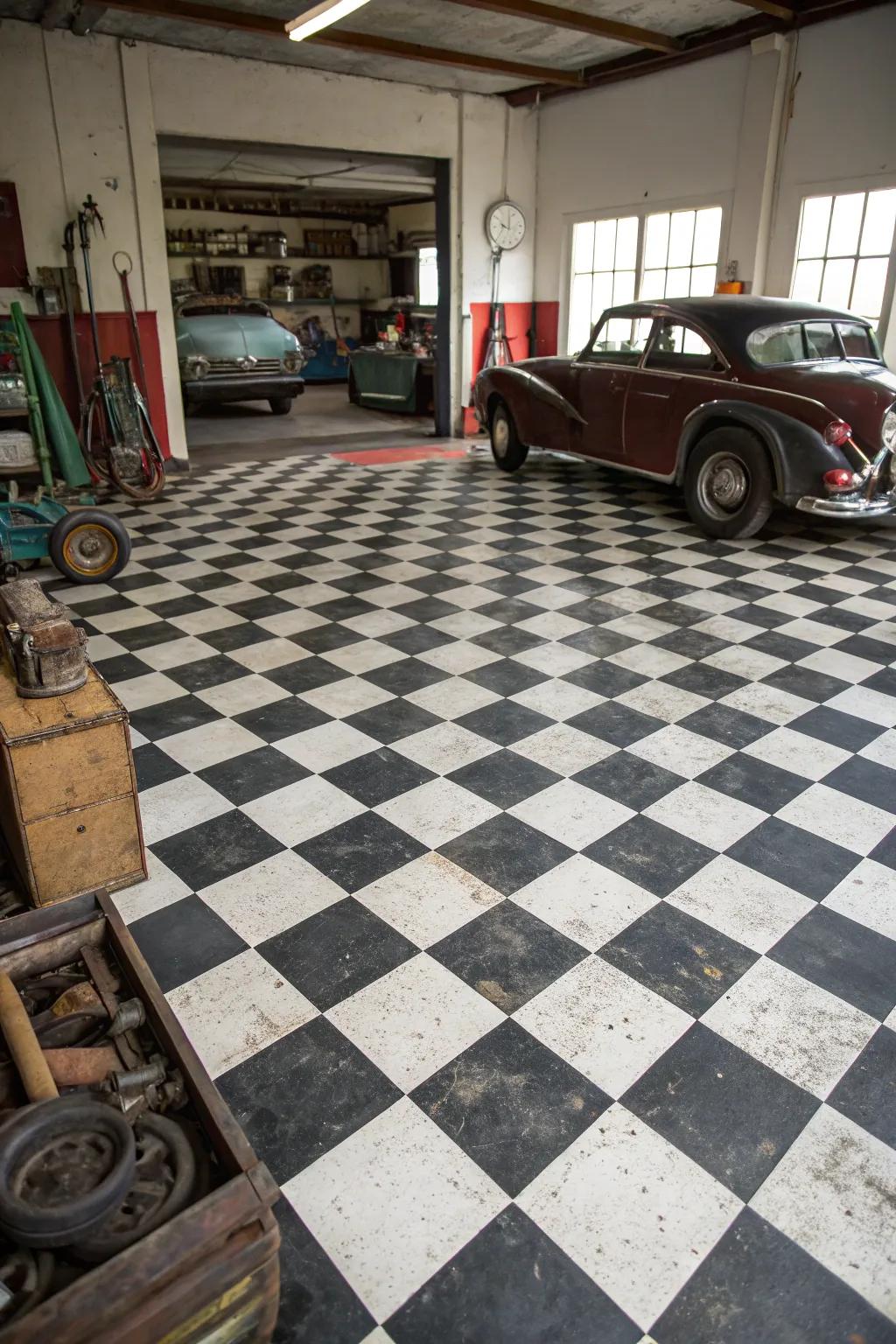 Checkerboard decking carries an everlasting appeal to a vintage garage.