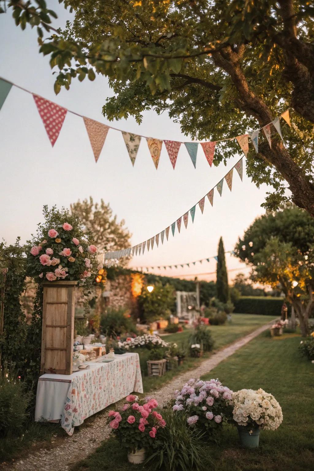 Bright bunting adds playfulness to a retro garden event.