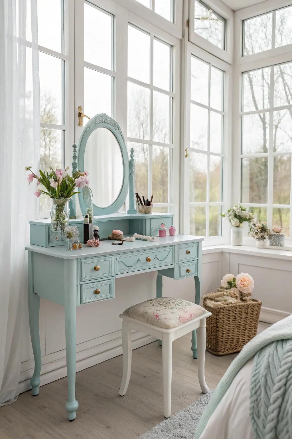 Pastel palettes create a calming and stylish vintage vanity ambiance.