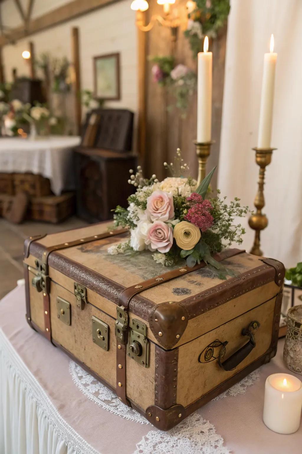 A heritage valise innovatively repurposed as a card holder during a wedding.