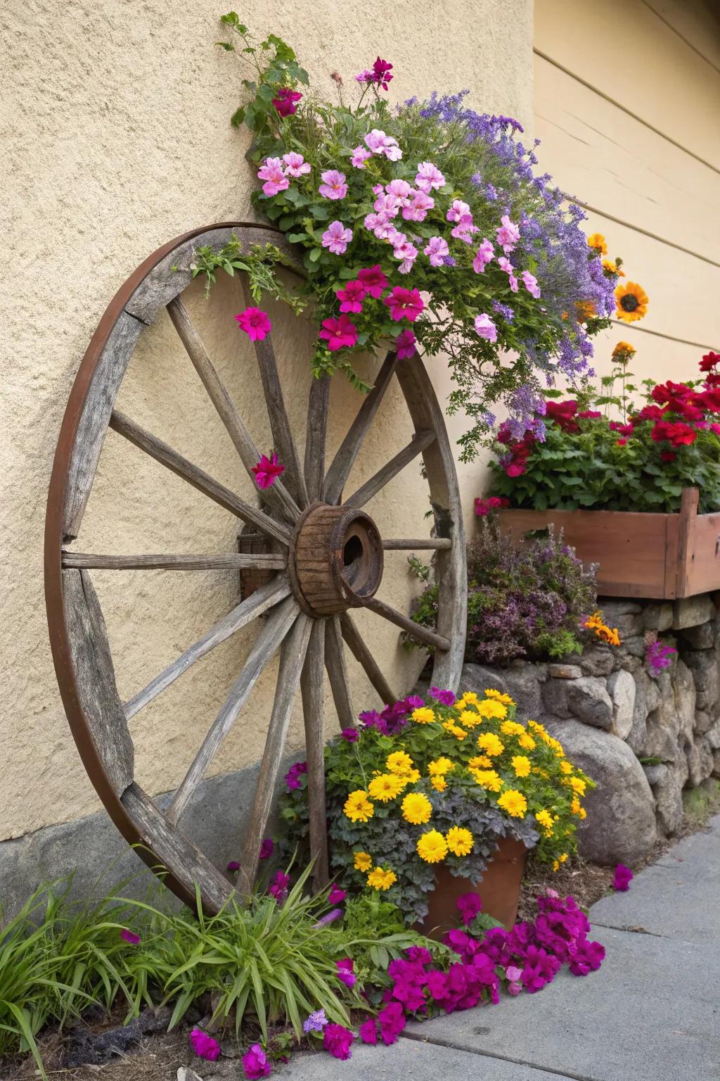 A floral-decorated cartwheel bursts with vibrancy and charm.