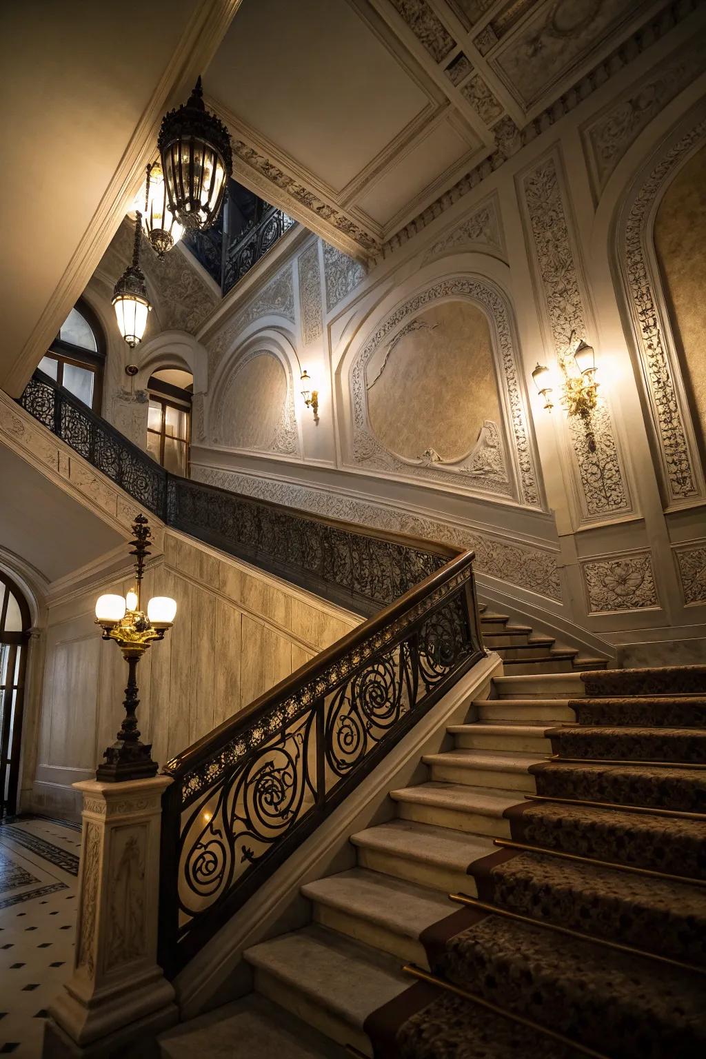 A grand staircase enhanced by wainscoting.