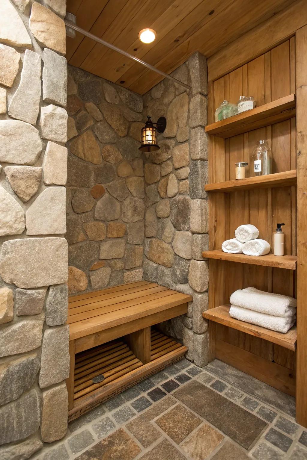 Stone shower with wooden seating and shelves.
