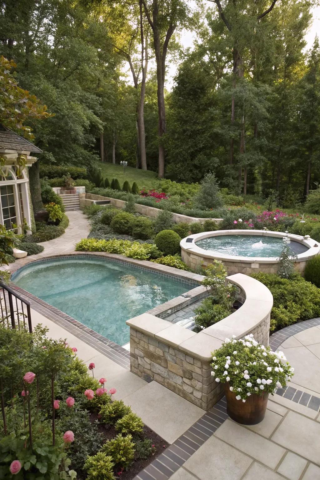 By integrating a hydrotherapy tub with your pool, you can attain a sophisticated and unified design.